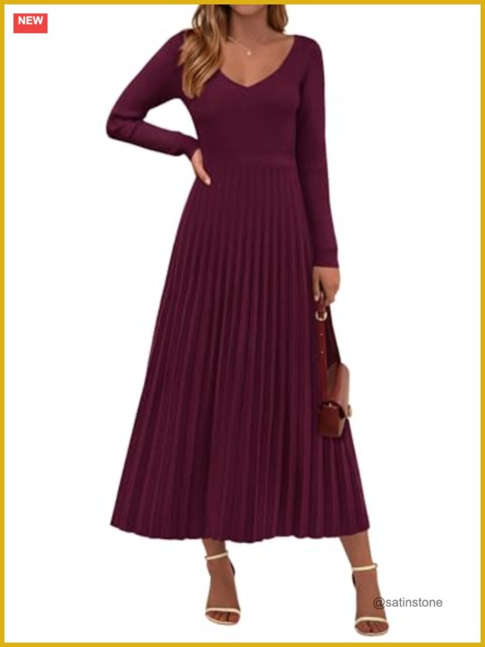 Women Long Sleeve Sweater Dress Maxi Pleated Fit & Flare V-Neck Pullover
